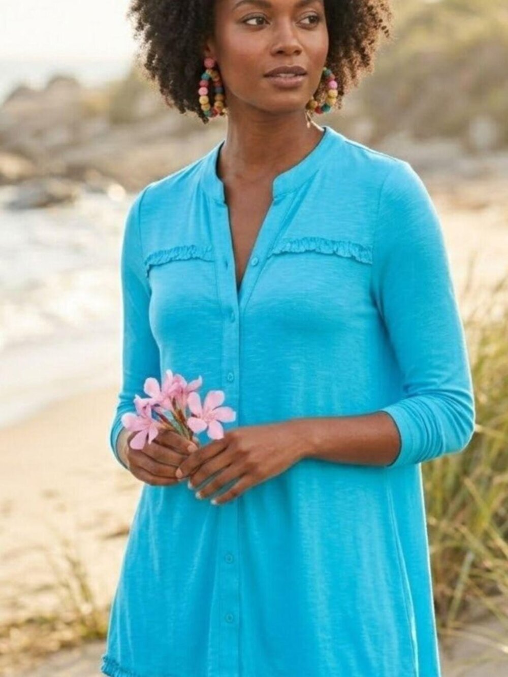 Soft Surroundings Graciela Tunic Ruffle Feminine Resort Coastal Vacation Large